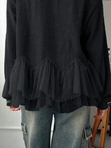 FRIFUL Women Solid Color Round Neck Dolman Sleeve Ruffle Hem T-Shirt, Autumn