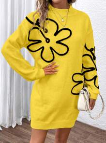 SHEIN LUNE Váy len dài tay cổ tròn hở vai họa tiết hoa thường ngày cho nữ, mùa thu/đông - Màu vàng - Xem 1