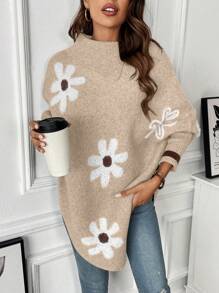 SHEIN Clasi Women Flower Pattern Batwing Sleeve Loose Knit Sweater, Casual For Daily Wear In Autumn/Winter