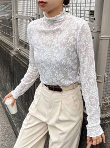 FRIFUL Women Lace Turtleneck Long Sleeve Slim Fit Blouse, Casual Daily Wear Sheer