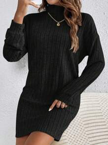 SHEIN CURVE+ 大码黑色高领落肩紧身长袖连衣裙