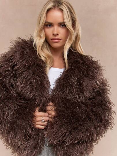 MISSGUIDED Luxury Faux Fur Shaggy Teddy Jacket Long Hair Furry Winter Outerwear Shearling Casual Fluffy Fashion Statement Overcoat Fall Warm Plush