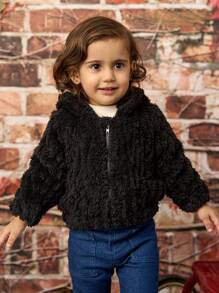 SHEIN Baby Girls Plush Hoodie With 3D Ear Design Warm Jacket