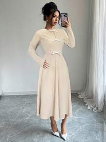 Elenzga 1 chiếc váy trang trí nơ thanh lịch thường ngày cho nữ, dành cho mùa thu - Màu be - Xem 8