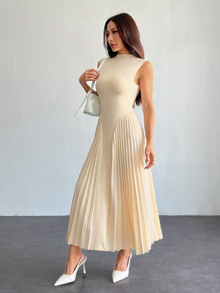 SHEIN PETITE Women Elegant Pleated Tight-Fitting A-Line Dress,Summer Dresses For Women,Tea Party Dress,White Graduation Dress,Business Casual Woman - Apricot - View 7