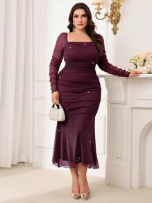 Modelyn Burgundy Red Plus Size Glitter Mermaid Hem Elegant Dresses
