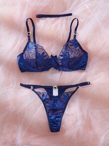 3pcs Deep Blue Sexy Women Lingerie Set