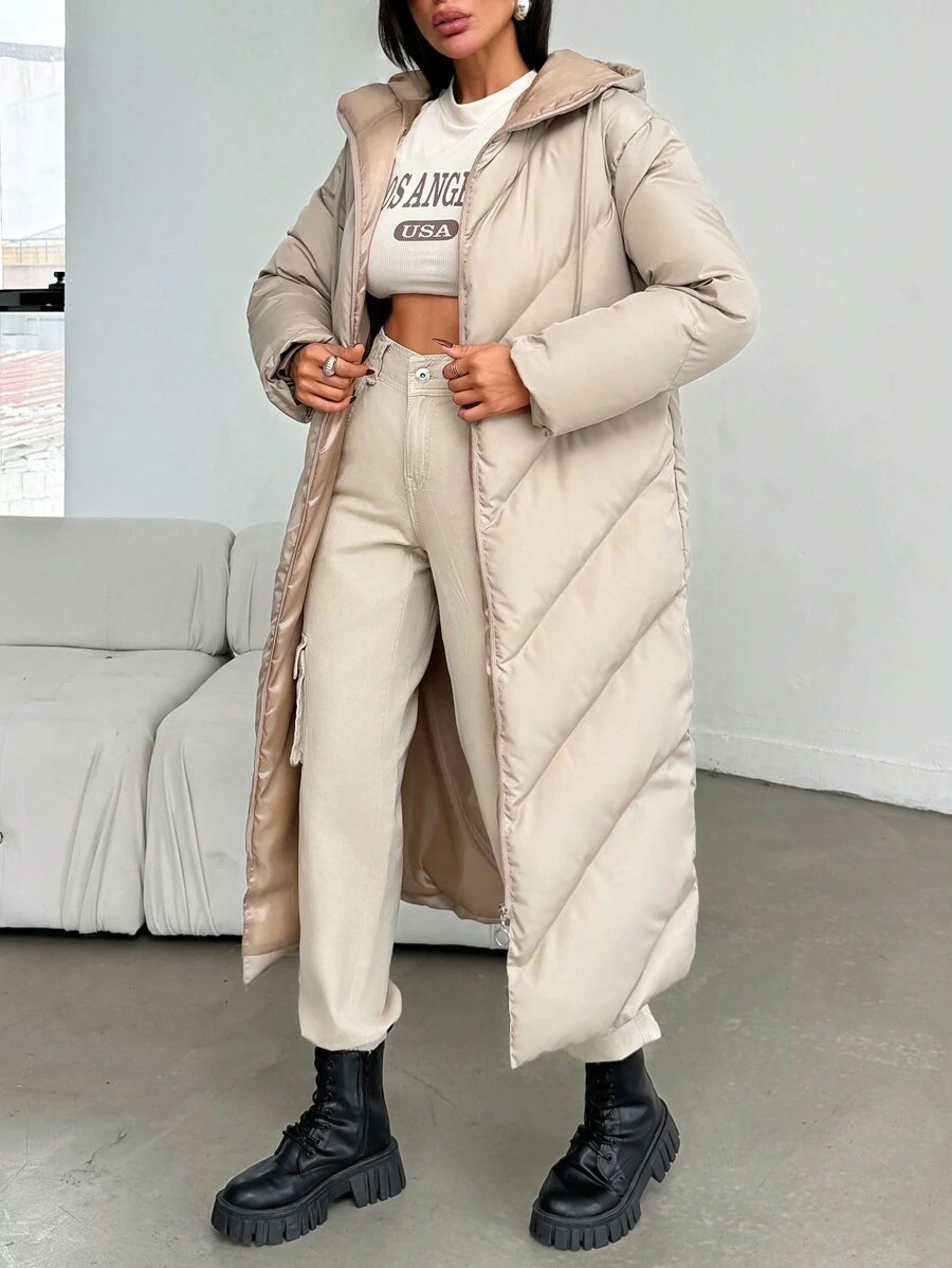 EURMUSE Women's Quilted Hooded Zip Up Stylish Padded Coat - Beige - View 1