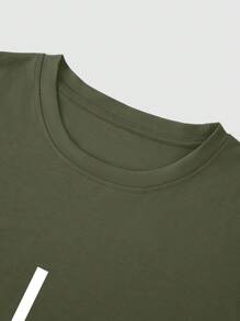 Manfinity Homme 男士休闲字母印花圆领短袖 T 恤 - 軍綠色 - 查看 4