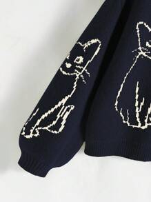 SHEIN Unity Cat Print Crewneck Casual Versatile Long Sleeve Sweater - Royal Blue - View 3