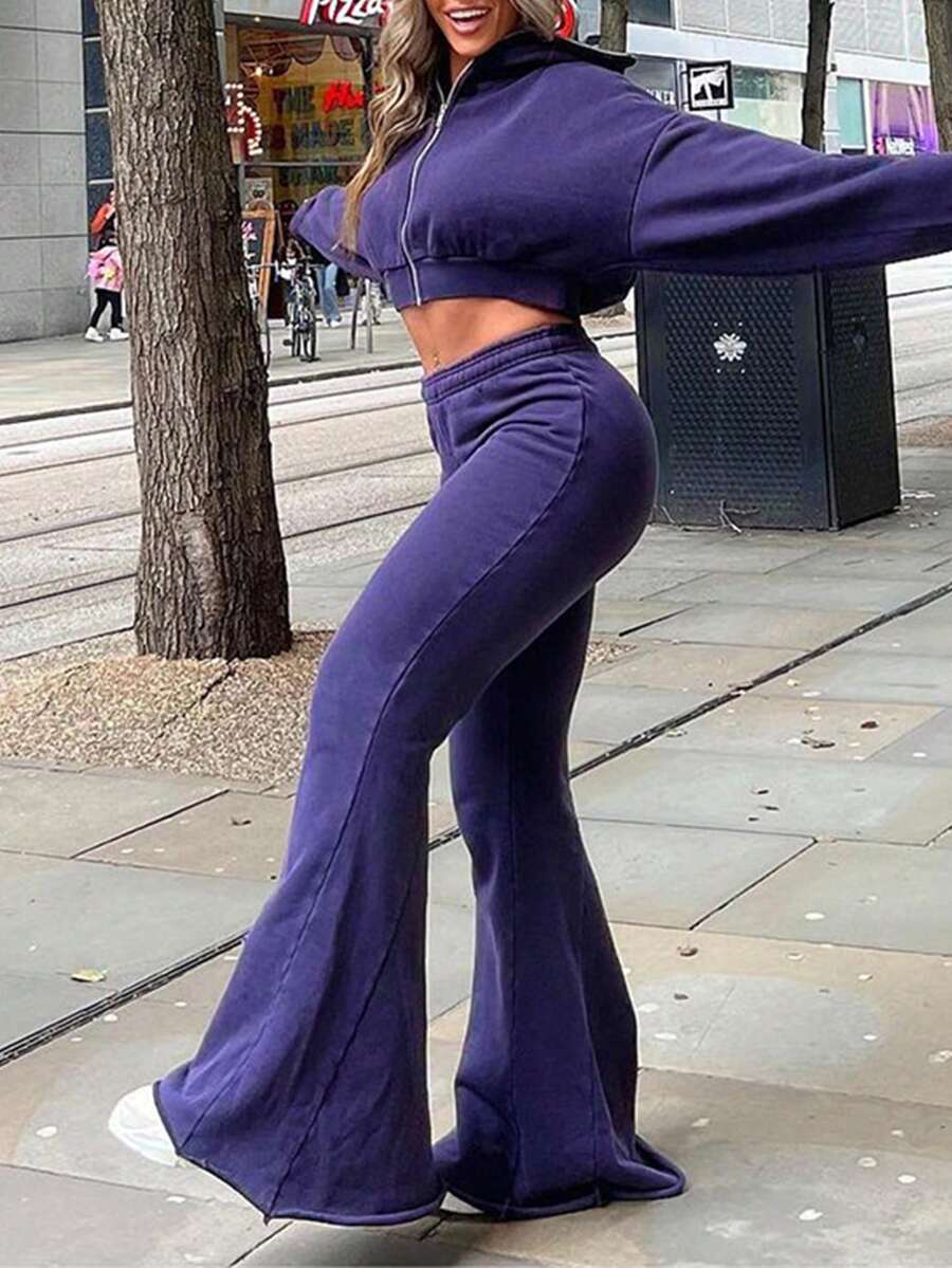 SHEIN EZwear 2 件套女士休闲宽松拉链连帽衫和阔腿裤，健身健身服运动套装，秋冬 - 紫色 - 查看 1
