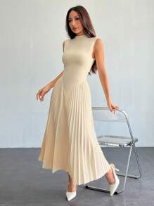 SHEIN PETITE Women Elegant Pleated Tight-Fitting A-Line Dress,Summer Dresses For Women,Tea Party Dress,White Graduation Dress,Business Casual Woman - Apricot - View 3