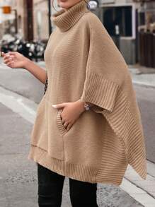 Chiquease Women's Casual Loose Poncho Sweater With Large Pockets, Knit Pullover Fall Winter - Khaki - View 5