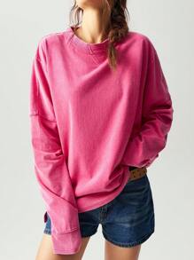 Bohemela Casual Solid Color Knit Crew Neck Dropped Shoulder Long Sleeve Loose Fit Women Sweatshirt In Fall/Winter