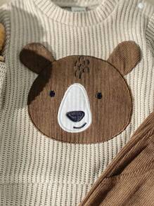 SHEIN Vintaside Kids 男婴可爱休闲经典长袖泰迪熊刺绣毛衣和灯芯绒连体衣，带前口袋，适合秋冬季户外、派对、拍照 - 彩色 - 查看 6