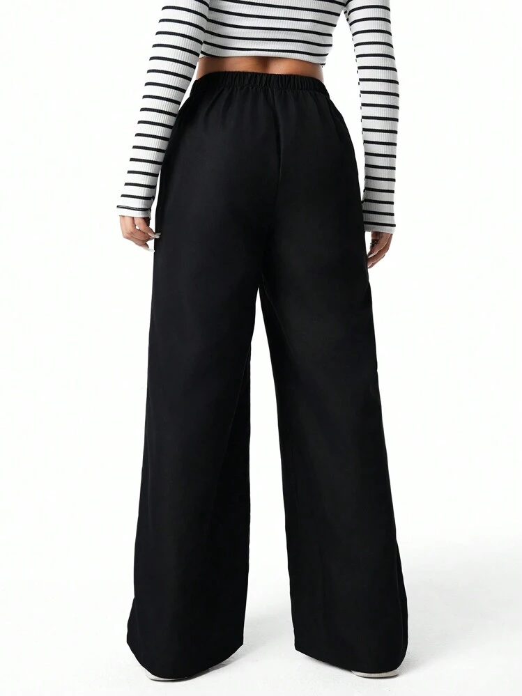 Sparklyn بنطلون أسود ذو خصر عالي منسدل واسع مطوي للفتيات والفتيات المراهقات مناسب للاستخدام اليومي، مرن للربيع والصيف والخريف والشتاء - الأسود - مشاهدة 2