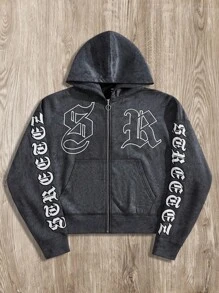 Manfinity VCAY Men's Autumn Letter Print Zipper Closure Hoodie Sweatshirt, For Fall Winter - Black - View 1