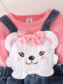 Ensemble 2 pièces pour bébé fille printemps/automne : Top manches longues unicolore + pantalon salopette en jean brodé de bandes dessinées