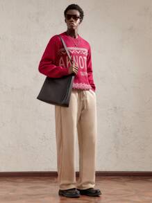 AKNOTIC Party 圣诞金线红色针织宽松圆领长袖毛衣，字母雪花图案休闲设计，适合秋冬季、圣诞节和新年 - 紅色 - 查看 5