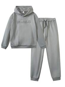 SHEIN Bộ 2 món/Bộ đồ thể thao thường ngày cho bé trai tuổi teen - Áo hoodie và quần nỉ, thích hợp để tập luyện - Màu xám đen - Xem 1