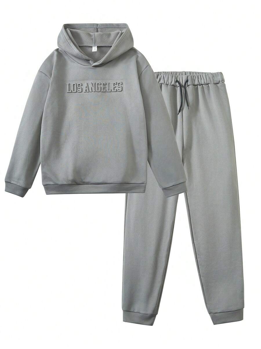 SHEIN Bộ 2 món/Bộ đồ thể thao thường ngày cho bé trai tuổi teen - Áo hoodie và quần nỉ, thích hợp để tập luyện - Màu xám đen - Xem 1