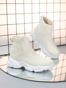 儿童中帮运动鞋，纯色，时尚百搭弹性鞋面，轻松穿脱，一键式，适合在校学生和朋友的厚底鞋，秋冬季