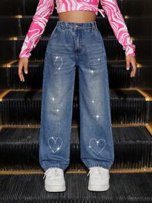 SHEIN Explorewe 女童珍珠串珠心形图案做旧洗水高档牛仔裤 - 深色水洗藍 - 查看 8