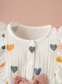 嬰兒女孩心形印花連體衣，蝴蝶結裝飾和荷葉邊設計 - 粉色 - 查看 6