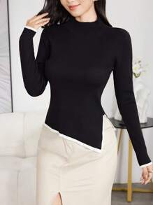 Mulvari Suéter de punto casual de mujer de manga larga con cuello alto