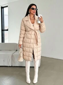 EURMUSE Solid Snap Button Front Belted Padded Coat For Winter And Autumn - Beige - View 6
