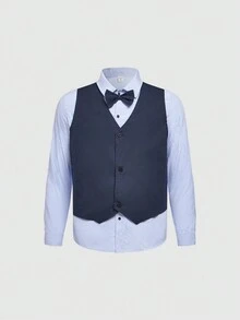 SHEIN Bộ vest trang trọng 3 món cho bé trai tuổi teen: Áo sơ mi dài tay cổ sọc, nơ tương phản, quần trơn màu, đi học, ngày lễ, đám cưới, tiệc sinh nhật, thu/đông - Nhiều màu - Xem 8