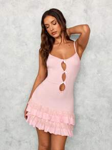 SHEIN SXY Fall Women Clothes;Pink Sweet Girl Ballerina Style Multi-Layer Ruffle Cake Skirt Dress With Bowknot Lace Spaghetti Strap Mini Dress Olid Color Party/Date Night/Party Mini Dress Sexy Elegant Mini Dress/Valentine's Day Dress/Homecoming Prom Dress