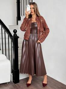 SHEIN Essnce Women's Red Jacket Fashion Sequin Embellished Cropped Long Sleeve Jacket, Autumn Winter Women Clothes Christmas Clothes Thanksgiving Clothes - Multicolor - View 7