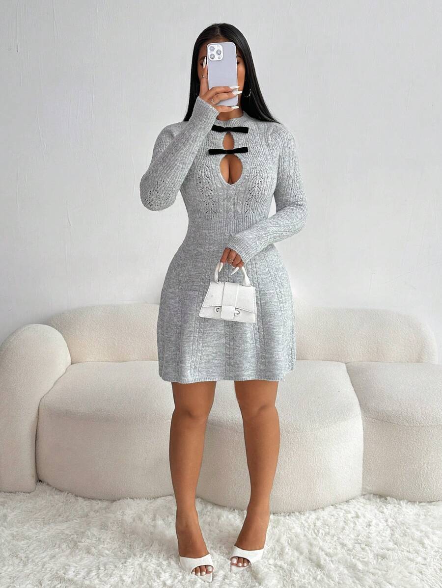 Zolique Bow-Knot Hollow A-Line Hem Fitted Dress - Grey - View 1