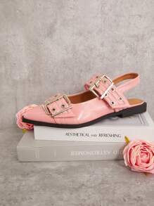 SHUZIA 女式宽版粉色 Pat 露跟尖头平底鞋：全天舒适，配有粗扣、索环，精致朋克风格，适合秋冬季节的圣诞假期度假氛围 - 粉色 - 查看 8