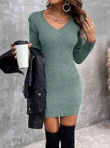 EMERY ROSE Abito maglia casual da donna a tinta unita con scollo a V e maniche lunghe