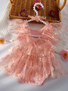 新生女婴花卉网眼摄影连体衣，女婴荷叶边网眼连体衣，适合拍照、一个月和 100 天庆祝活动 - 粉色 - 查看 7