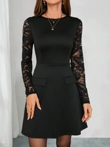 Gownix Women's Solid Color Flap Detail A-Line Lace Long Sleeve French Retro Style Black Dress  Long Sleeve Dress - Black - View 7