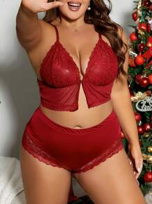 Conjunto de pijama de encaje y malla sexy para mujer de talla grande para Navidad