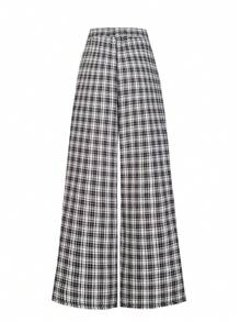 SHEIN LUNE Plus Size Women Plaid Drawstring Waist Loose Fit Wide Leg Casual Pants