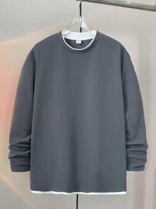 SHEIN Áo thun cổ tròn màu xám kết hợp màu trắng cho bé trai tuổi teen, đa năng & tối giản, phù hợp với mùa thu/đông, phong cách đại học - Xám - Xem 1