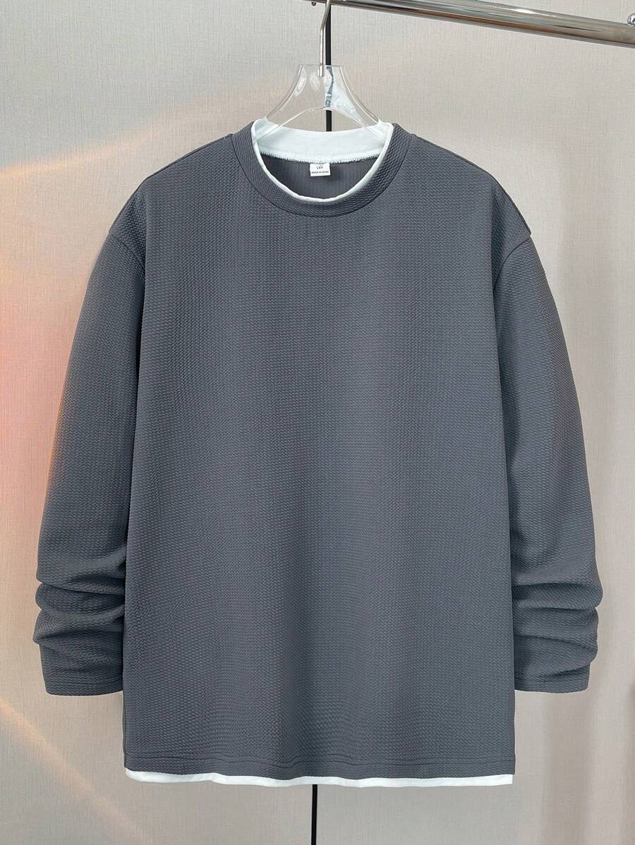 SHEIN Áo thun cổ tròn màu xám kết hợp màu trắng cho bé trai tuổi teen, đa năng & tối giản, phù hợp với mùa thu/đông, phong cách đại học - Xám - Xem 1