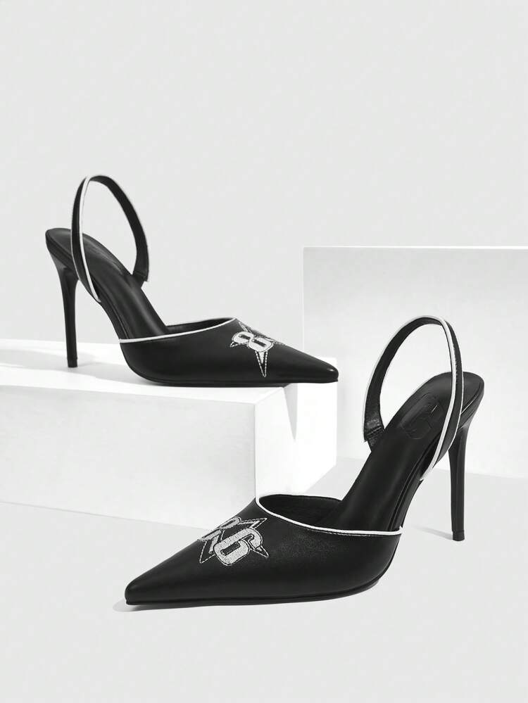 CUCCOO SZL Pointed-Toe Stiletto High Heel Red Letter Embroidered Sexy Back Strap Women Pumps For Christmas And New Year Holiday Vibe Fall And Winter