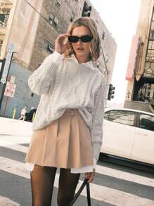 SHEIN EZwear 女士休闲宽领扭绳针织毛衣，秋冬 - 卡其色 - 查看 1