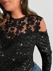 SHEIN Clasi Camisa ajustada de hombros caídos con encaje de contraste, elegante para otoño, talla grande