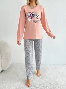 SHEIN Cottnline Bộ đồ ngủ dài tay cổ tròn in chữ 100% cotton và quần dài in họa tiết toàn thân cho nữ - Màu Hồng  Dưa hấu - Xem 6
