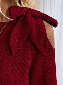 EMERY ROSE 1件纯色镂空扭结前襟长袖毛衣，秋冬季长袖针织套头衫 - 酒紅色 - 查看 3