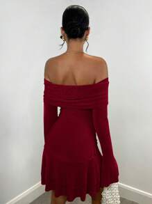 SHEIN BAE 女士露肩喇叭袖荷叶边下摆连衣裙、早午餐女装、秋季女装 - 酒紅色 - 查看 2