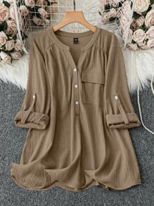 SHEIN Clasi Plus Size Solid Color Button Front Long Sleeve Pocket Decor Casual Blouse Fall Cloth For Women - Khaki - View 1