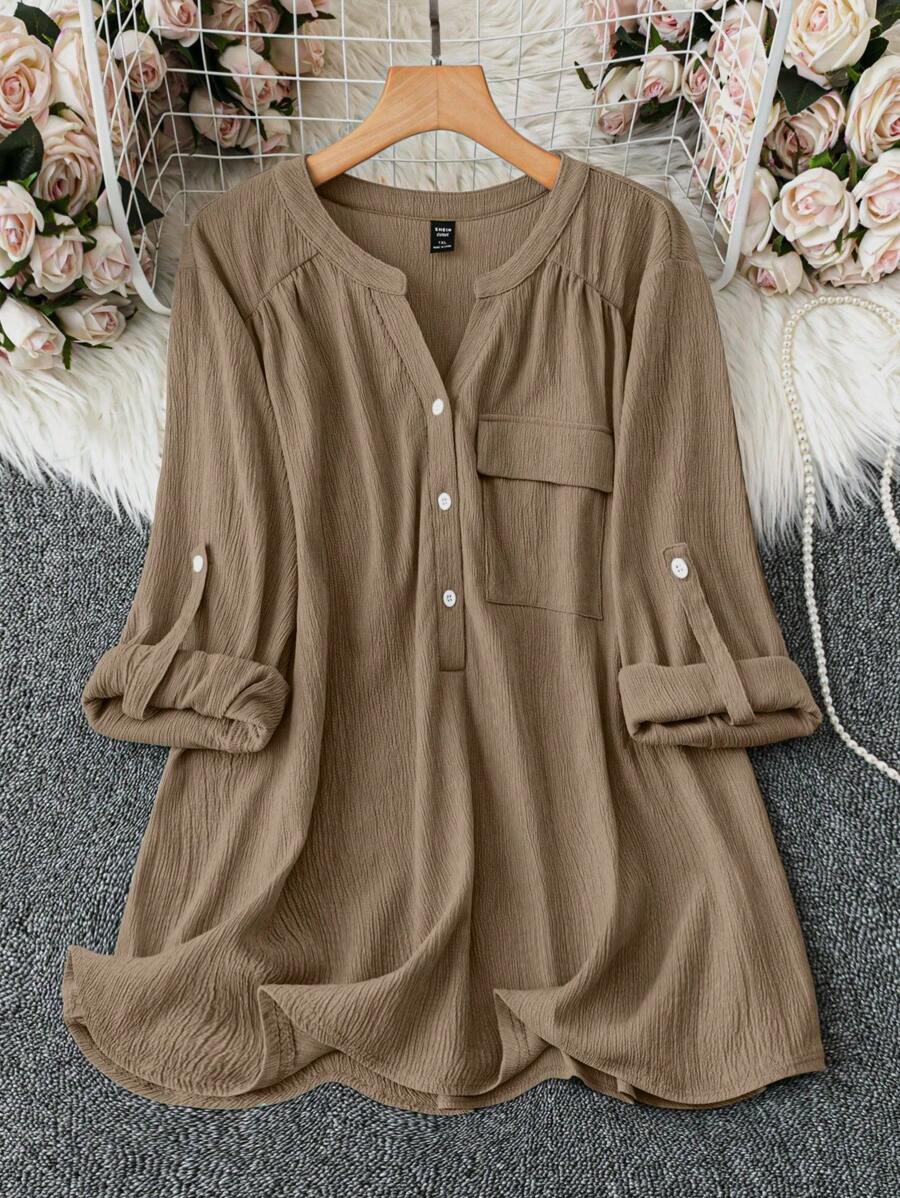 SHEIN Clasi Plus Size Solid Color Button Front Long Sleeve Pocket Decor Casual Blouse Fall Cloth For Women - Khaki - View 1